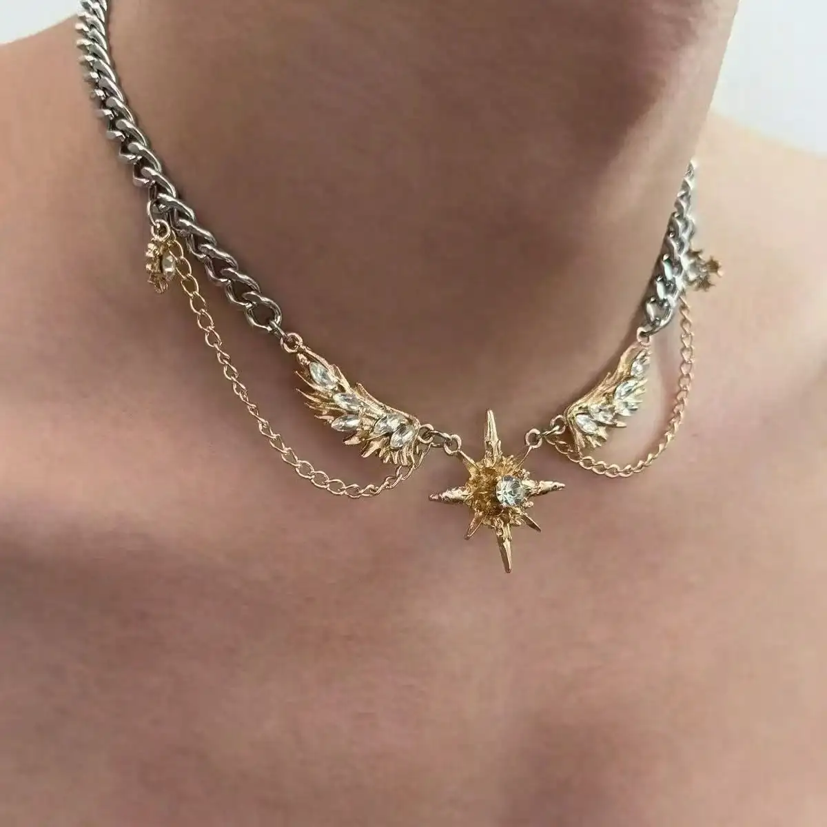 Men Accessories Neck Chain - Gotik Punk Altın Rengi Kanatlar Yıldızlı